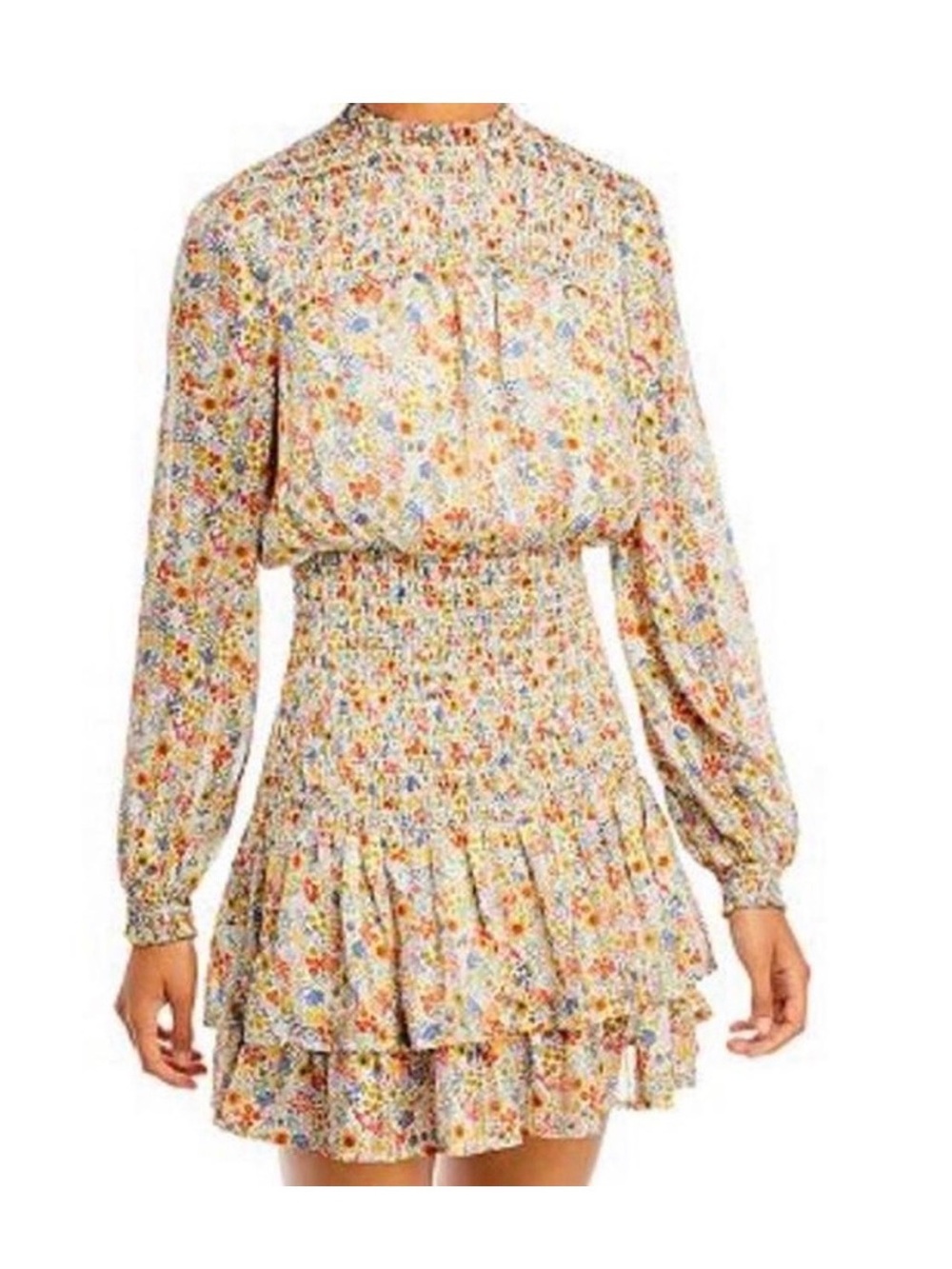 Aqua Cream Multicolor Floral Long-Sleeve Smocked Mini Dress